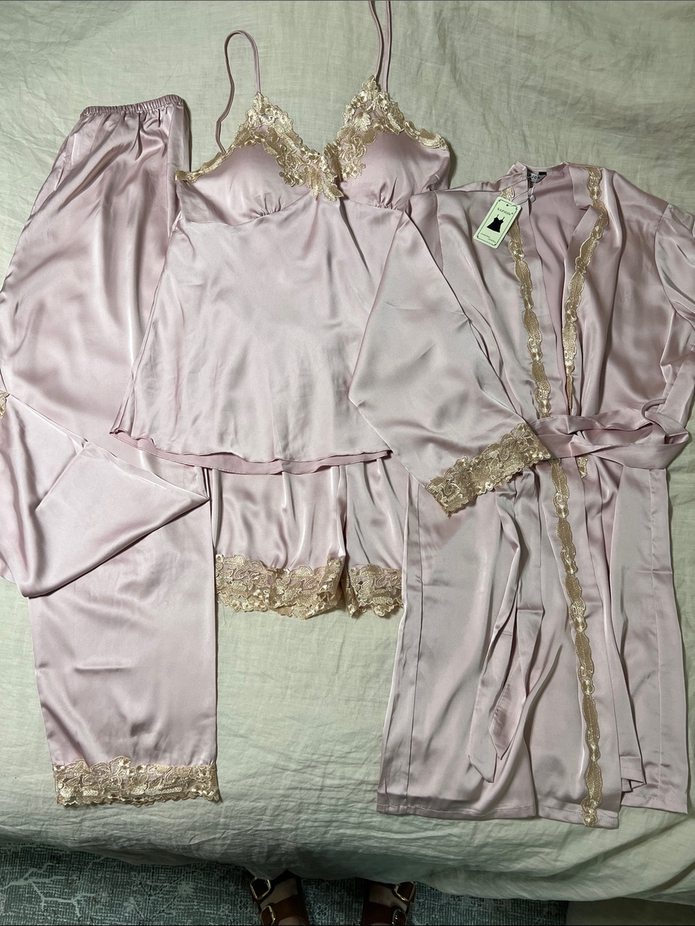 4-Piece Women’s Satin Pajama Set with Lace Trim - Light Pink